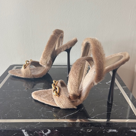 Saint Laurent Shoes - Saint Laurent Le Mallion Tan Lamb Fur Heels with Gold Chain 39